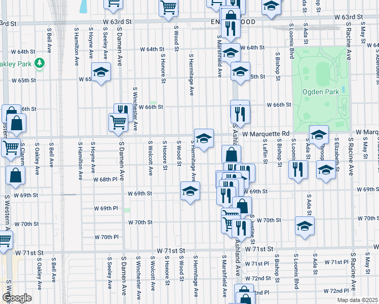 map of restaurants, bars, coffee shops, grocery stores, and more near 6754 South Hermitage Avenue in Chicago