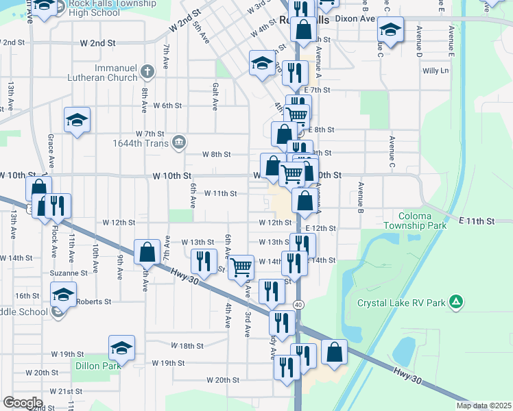 map of restaurants, bars, coffee shops, grocery stores, and more near 220 West 12th Street in Rock Falls
