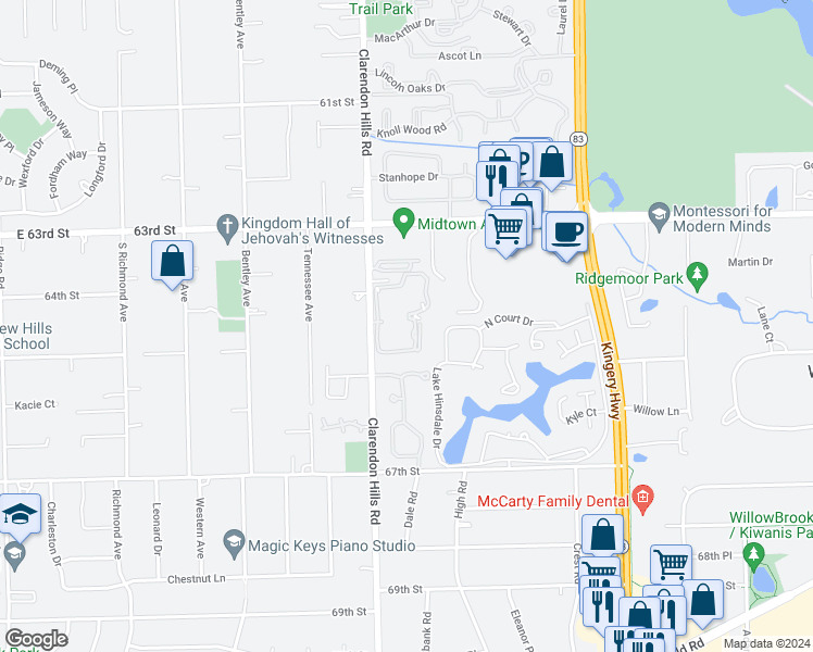 map of restaurants, bars, coffee shops, grocery stores, and more near 6443 Clarendon Hills Road in Willowbrook