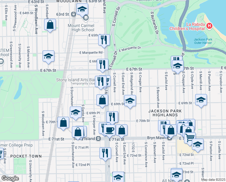 map of restaurants, bars, coffee shops, grocery stores, and more near 6810 South Cornell Avenue in Chicago