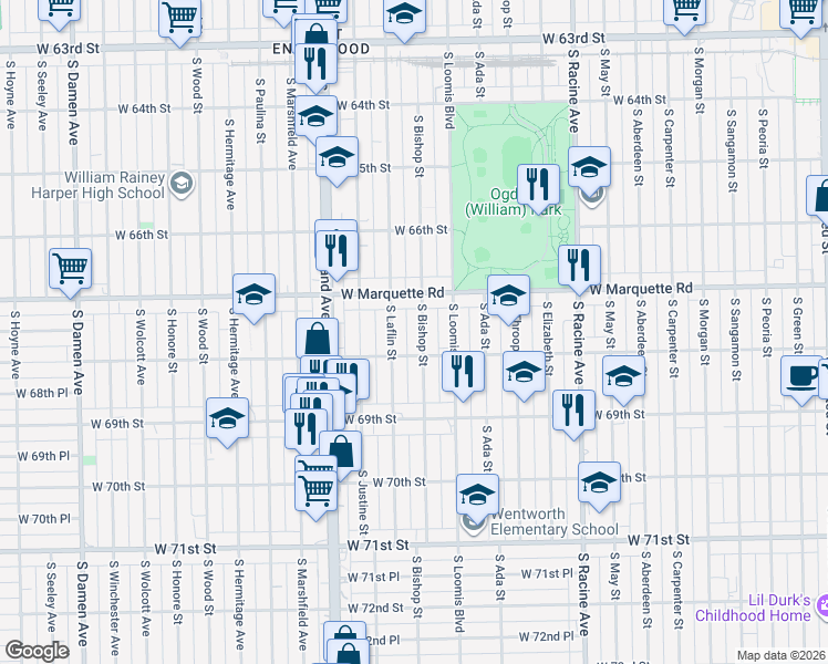 map of restaurants, bars, coffee shops, grocery stores, and more near 6759 South Bishop Street in Chicago