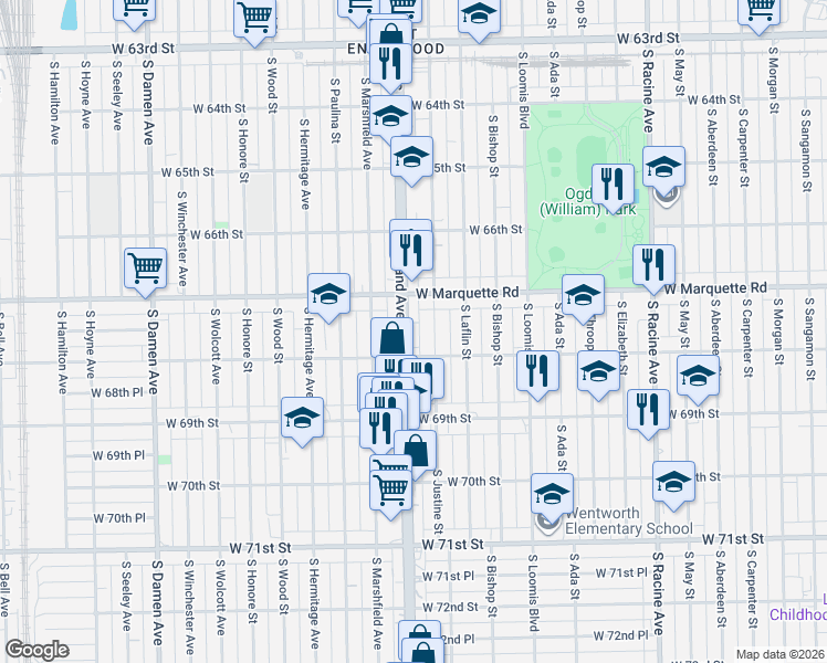 map of restaurants, bars, coffee shops, grocery stores, and more near 6758 South Justine Street in Chicago