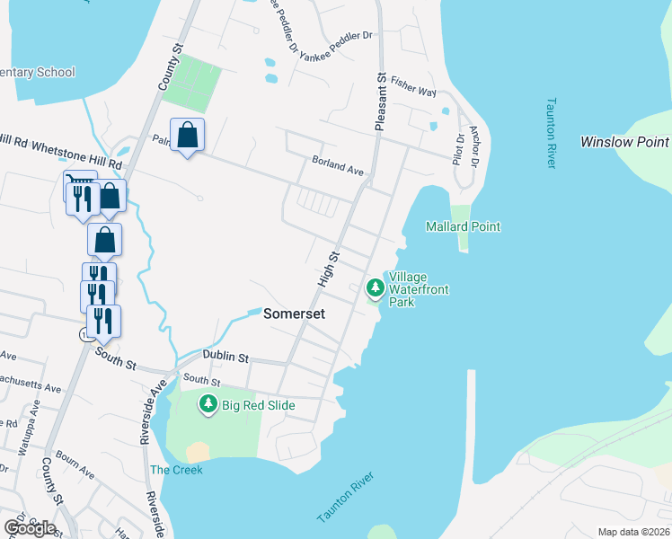 map of restaurants, bars, coffee shops, grocery stores, and more near 74 School Street in Somerset