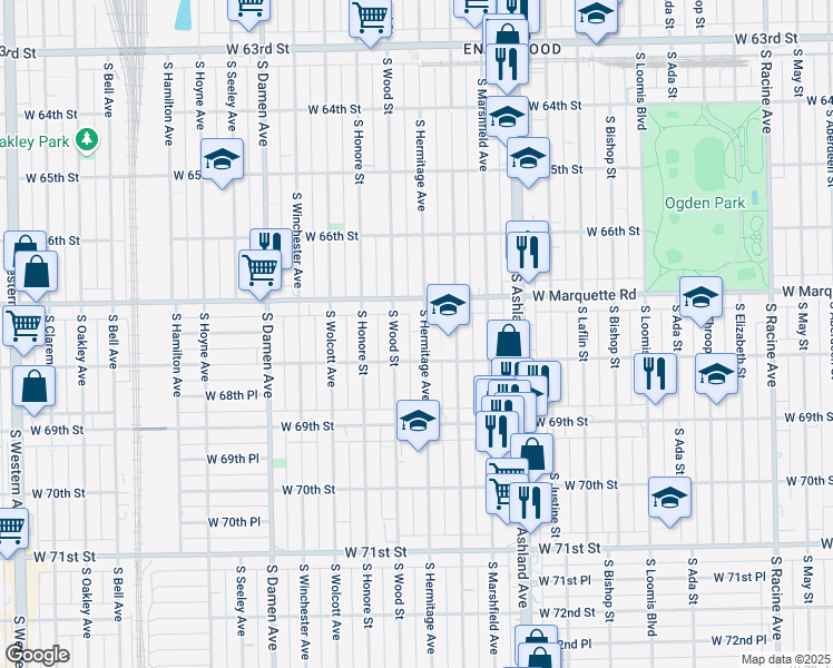 map of restaurants, bars, coffee shops, grocery stores, and more near 6754 South Hermitage Avenue in Chicago
