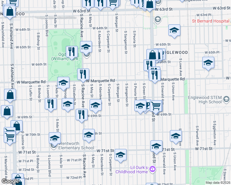 map of restaurants, bars, coffee shops, grocery stores, and more near 6742 South Morgan Street in Chicago