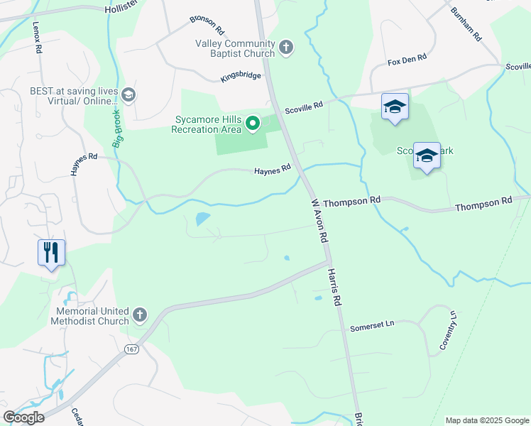 map of restaurants, bars, coffee shops, grocery stores, and more near 42 Sunrise Drive in Avon