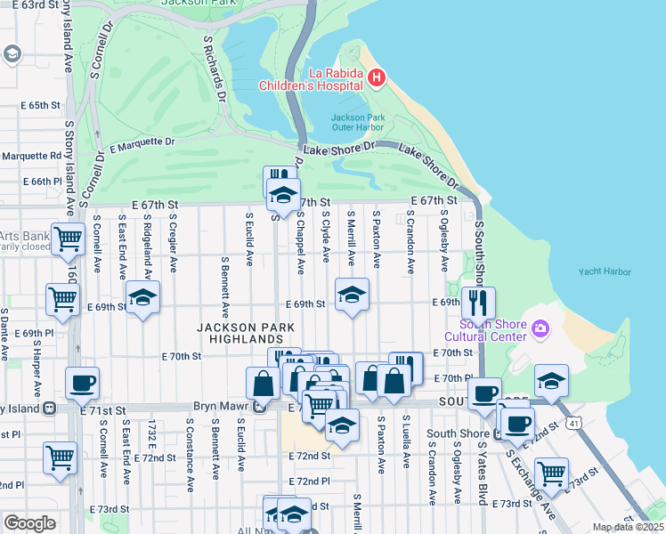 map of restaurants, bars, coffee shops, grocery stores, and more near 6849 South Clyde Avenue in Chicago