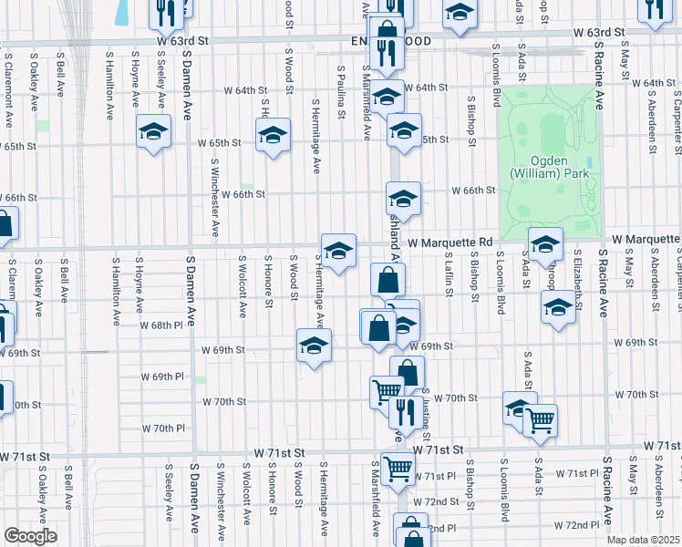 map of restaurants, bars, coffee shops, grocery stores, and more near 6740 South Paulina Street in Chicago