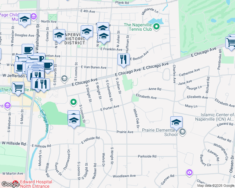 map of restaurants, bars, coffee shops, grocery stores, and more near 331 South Julian Street in Naperville