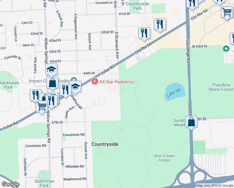 map of restaurants, bars, coffee shops, grocery stores, and more near 6660 South Brainard Avenue in Countryside