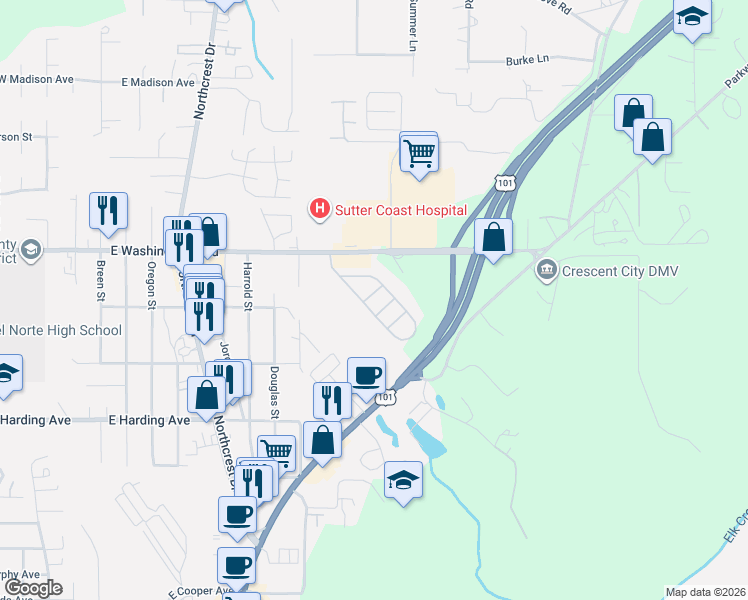 map of restaurants, bars, coffee shops, grocery stores, and more near 235 Leif Circle in Crescent City