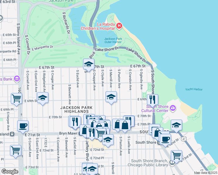 map of restaurants, bars, coffee shops, grocery stores, and more near 6849 South Clyde Avenue in Chicago