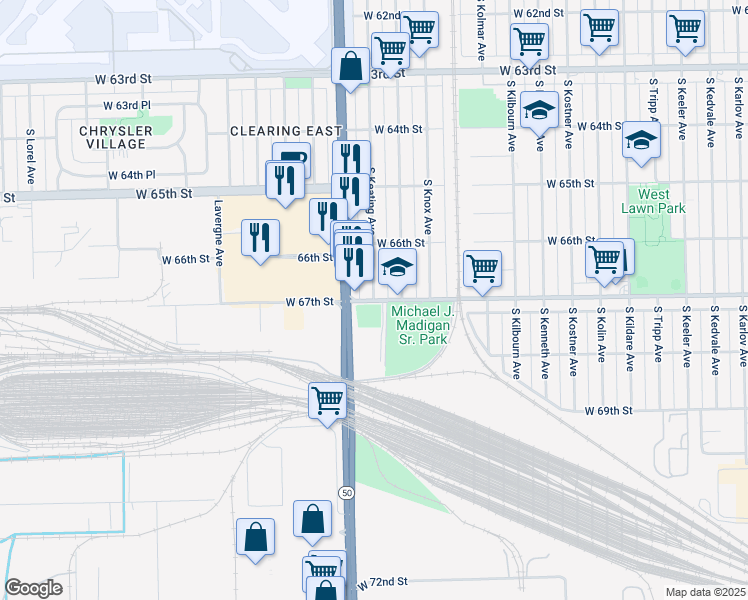 map of restaurants, bars, coffee shops, grocery stores, and more near 6800 South Keating Avenue in Chicago