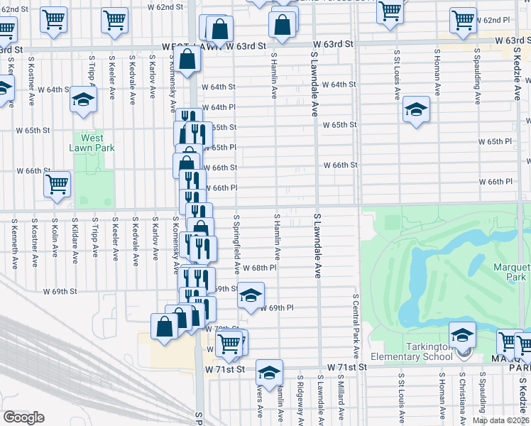 map of restaurants, bars, coffee shops, grocery stores, and more near 3819 West 67th Place in Chicago