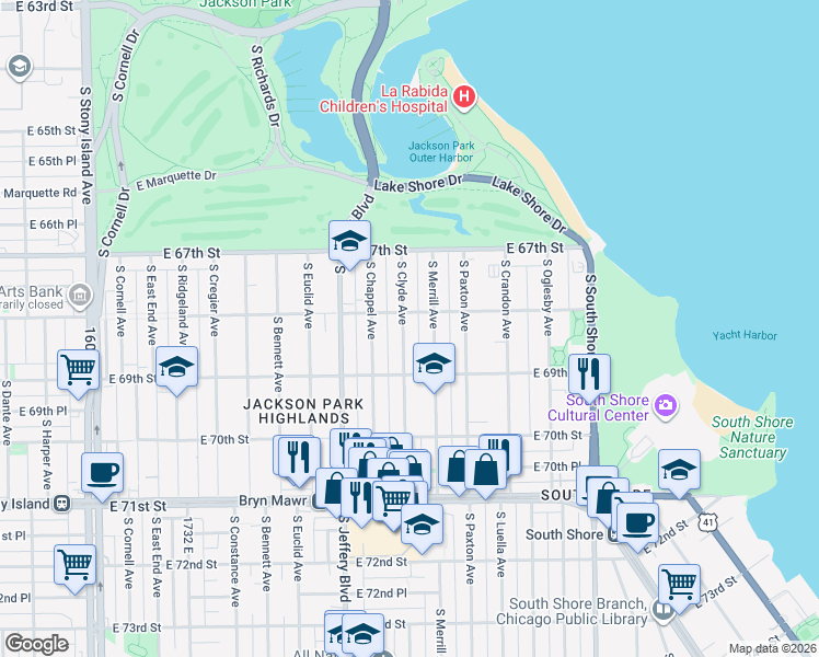 map of restaurants, bars, coffee shops, grocery stores, and more near 6849 South Clyde Avenue in Chicago