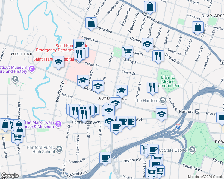 map of restaurants, bars, coffee shops, grocery stores, and more near 169 Sigourney Street in Hartford
