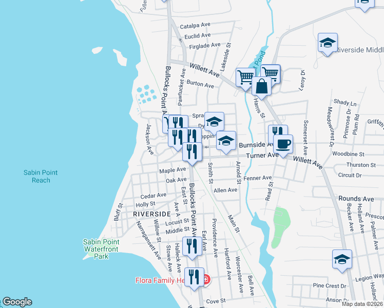 map of restaurants, bars, coffee shops, grocery stores, and more near 30 Dorr Avenue in East Providence