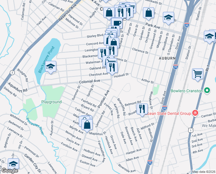 map of restaurants, bars, coffee shops, grocery stores, and more near 600 Pontiac Avenue in Cranston