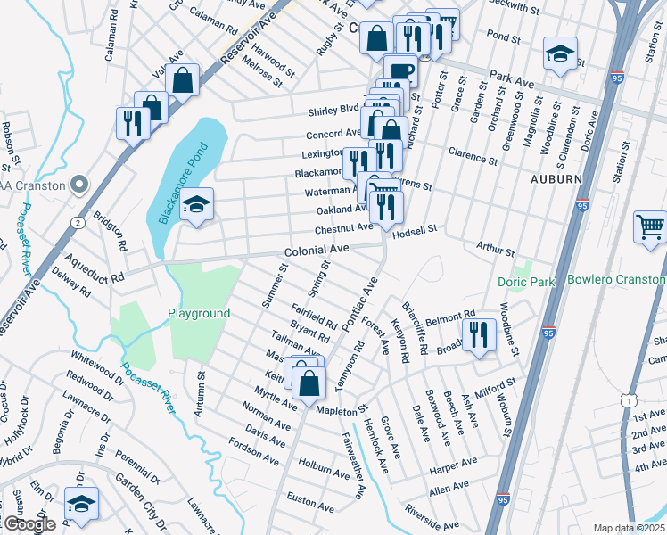 map of restaurants, bars, coffee shops, grocery stores, and more near 23 Hawthorne Avenue in Cranston