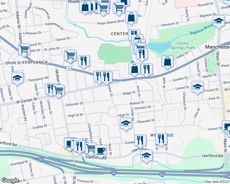 map of restaurants, bars, coffee shops, grocery stores, and more near 102 Ridge Street in Manchester