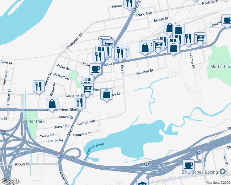 map of restaurants, bars, coffee shops, grocery stores, and more near 81 Phelps Street in East Hartford