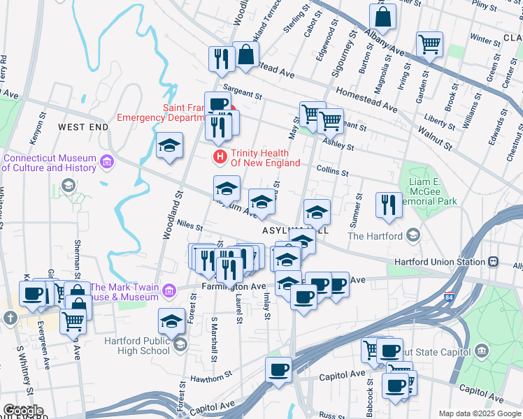map of restaurants, bars, coffee shops, grocery stores, and more near 44 Niles Street in Hartford