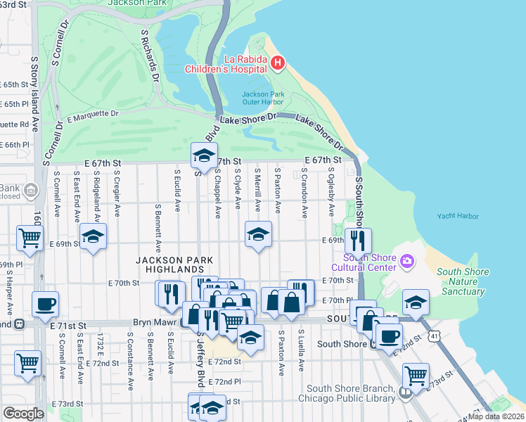 map of restaurants, bars, coffee shops, grocery stores, and more near 6849 South Clyde Avenue in Chicago