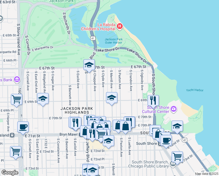 map of restaurants, bars, coffee shops, grocery stores, and more near 6849 South Clyde Avenue in Chicago