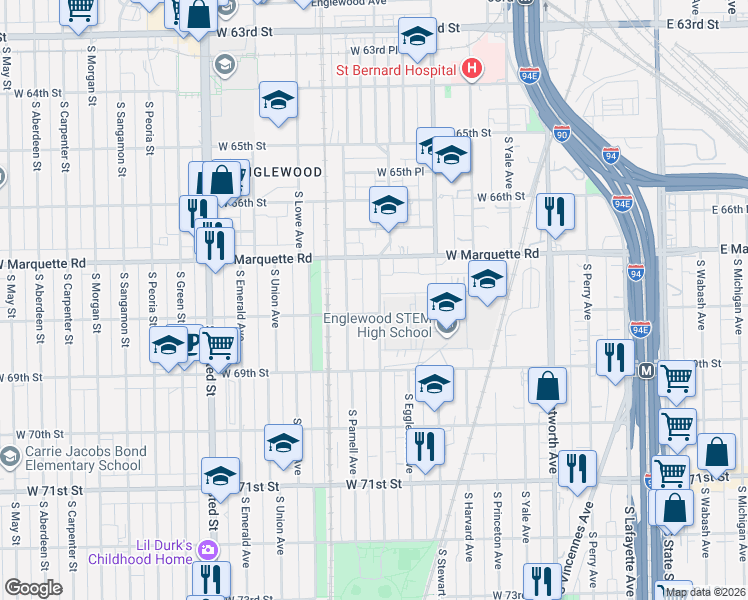 map of restaurants, bars, coffee shops, grocery stores, and more near 6800 South Normal Avenue in Chicago