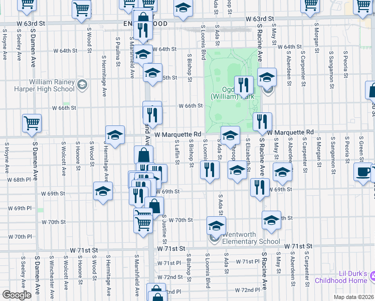 map of restaurants, bars, coffee shops, grocery stores, and more near 6759 South Bishop Street in Chicago