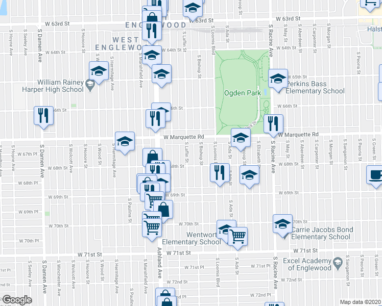map of restaurants, bars, coffee shops, grocery stores, and more near 6755 South Laflin Street in Chicago