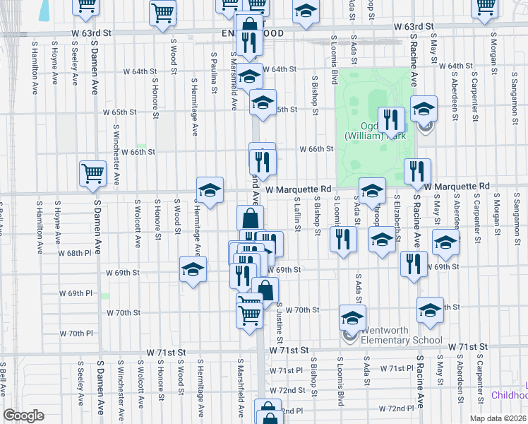map of restaurants, bars, coffee shops, grocery stores, and more near 6758 South Justine Street in Chicago