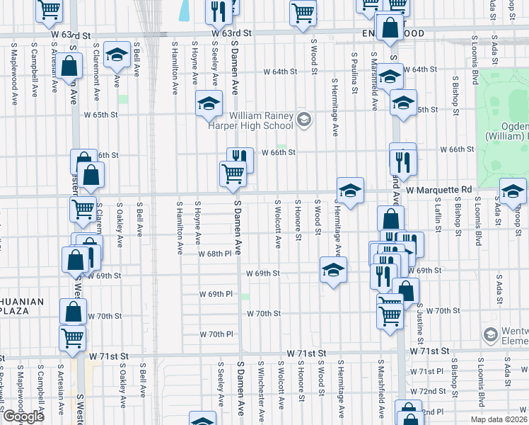 map of restaurants, bars, coffee shops, grocery stores, and more near 6755 South Winchester Avenue in Chicago
