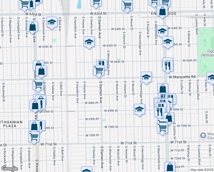 map of restaurants, bars, coffee shops, grocery stores, and more near 6755 South Damen Avenue in Chicago