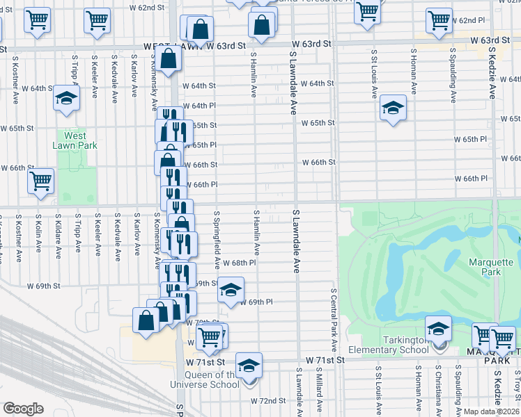 map of restaurants, bars, coffee shops, grocery stores, and more near 3750 West 67th Place in Chicago