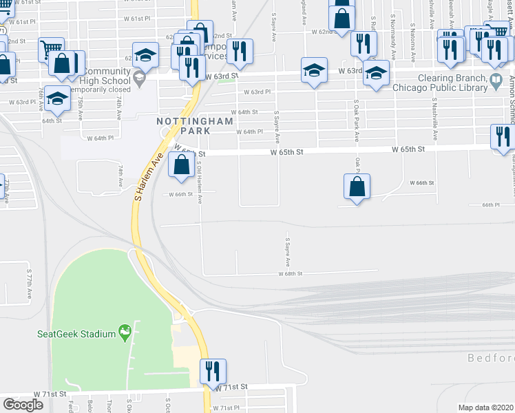 map of restaurants, bars, coffee shops, grocery stores, and more near 7025 66th Place in Bedford Park