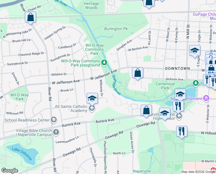 map of restaurants, bars, coffee shops, grocery stores, and more near 1070 Carriage Court in Naperville
