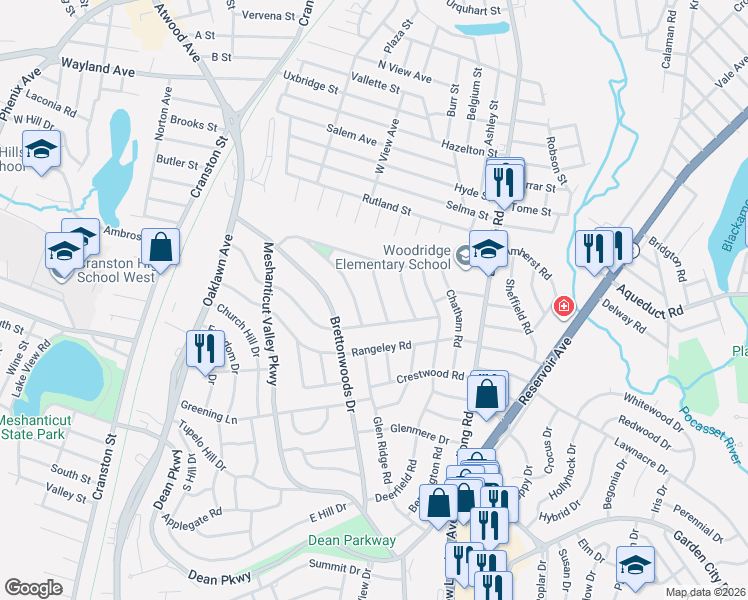 map of restaurants, bars, coffee shops, grocery stores, and more near 96 Meredith Drive in Cranston