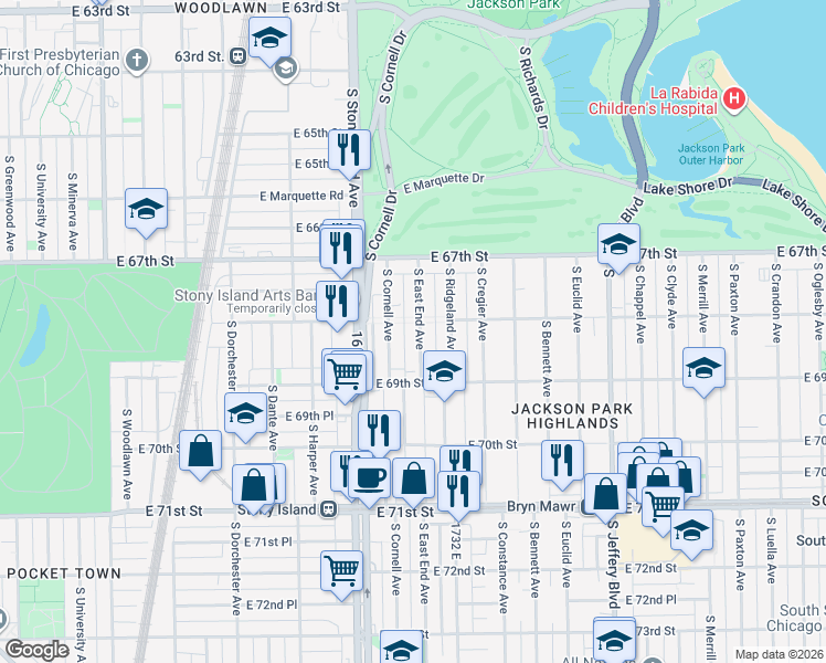 map of restaurants, bars, coffee shops, grocery stores, and more near 6808 South East End Avenue in Chicago