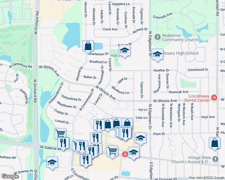 map of restaurants, bars, coffee shops, grocery stores, and more near 2029 West Illinois Avenue in Aurora