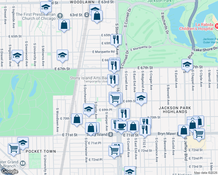 map of restaurants, bars, coffee shops, grocery stores, and more near 6835 South Harper Avenue in Chicago