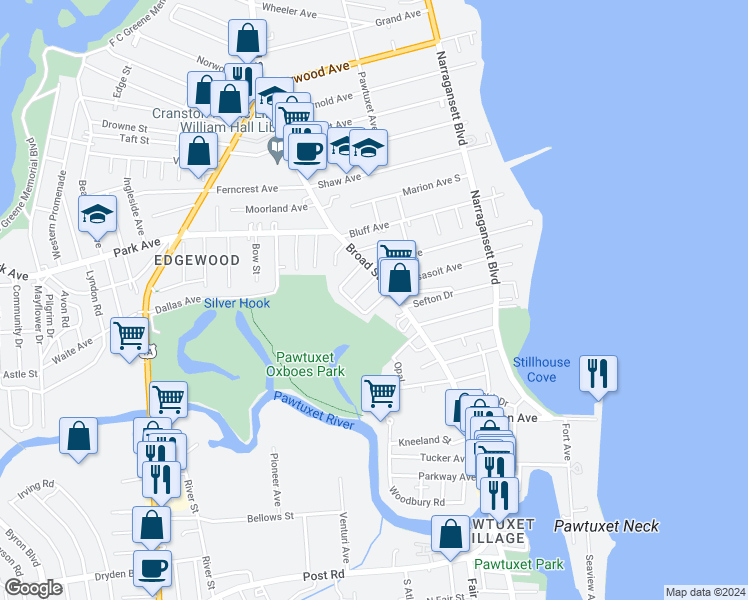 map of restaurants, bars, coffee shops, grocery stores, and more near 88 Alhambra Circle in Cranston