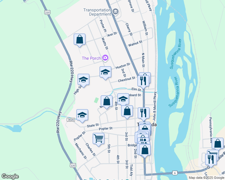 map of restaurants, bars, coffee shops, grocery stores, and more near 101 North 4th Street in Towanda
