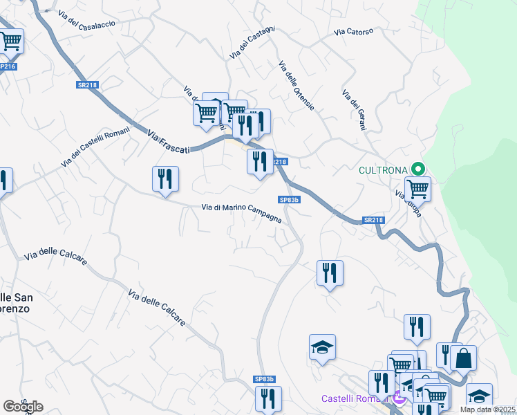 map of restaurants, bars, coffee shops, grocery stores, and more near 5 Via di Marino Campagna in Rocca di Papa