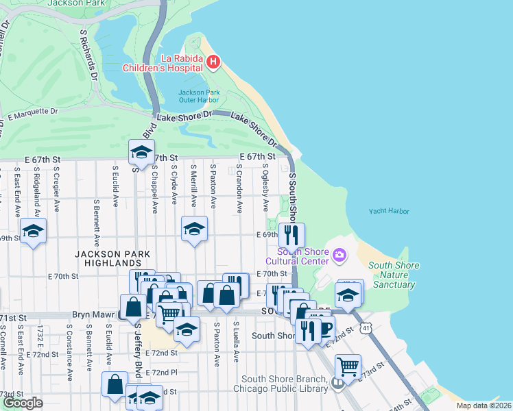 map of restaurants, bars, coffee shops, grocery stores, and more near 6814 South Oglesby Avenue in Chicago