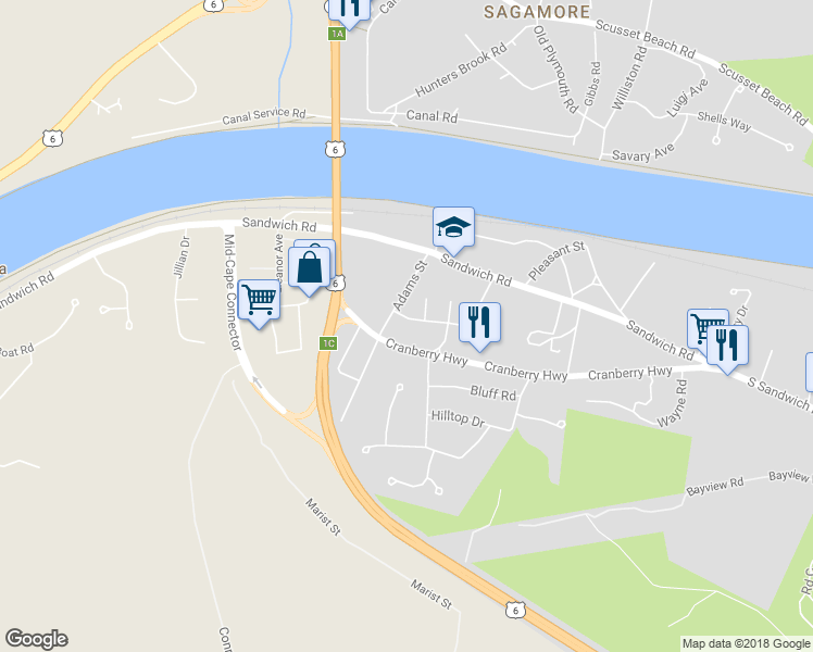 map of restaurants, bars, coffee shops, grocery stores, and more near 8 Commonwealth Avenue in Bourne