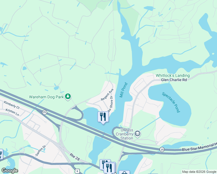 map of restaurants, bars, coffee shops, grocery stores, and more near 17 Regent Avenue in Wareham
