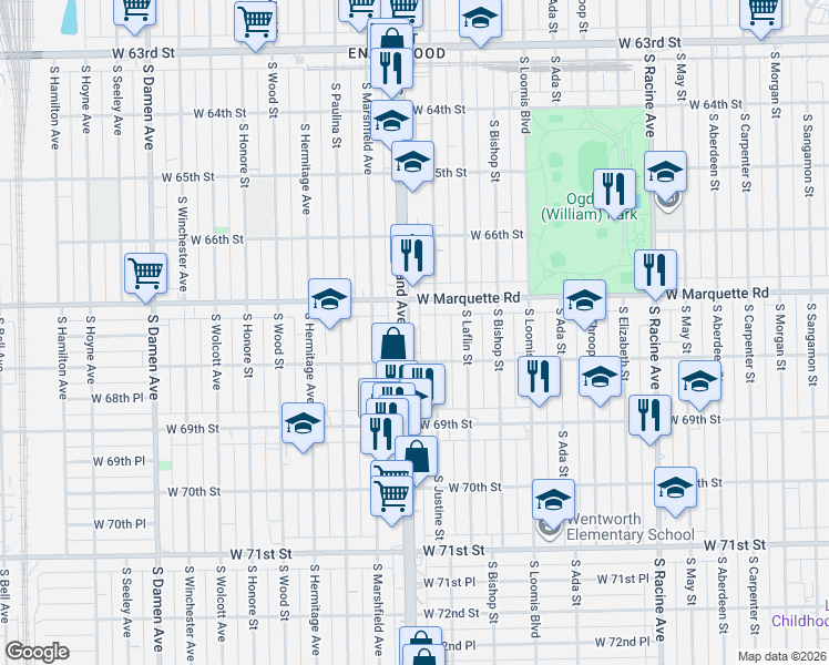 map of restaurants, bars, coffee shops, grocery stores, and more near 6758 South Justine Street in Chicago