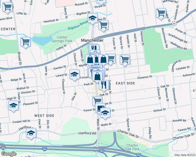map of restaurants, bars, coffee shops, grocery stores, and more near 745 Main Street in Manchester
