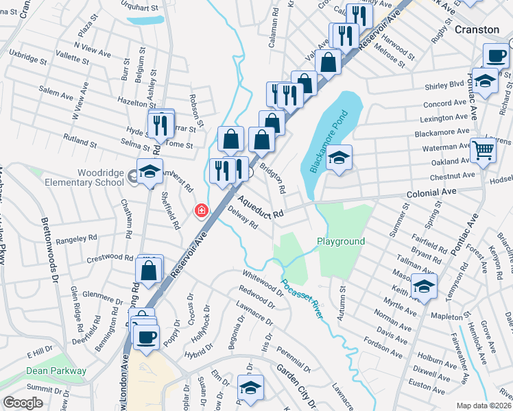 map of restaurants, bars, coffee shops, grocery stores, and more near 349 Aqueduct Road in Cranston